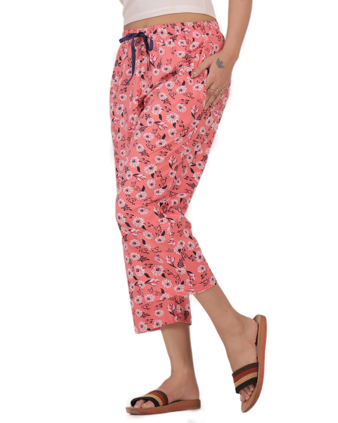 ALIVEE Women’s Blush Blossom Cotton Capri Pants with Pockets